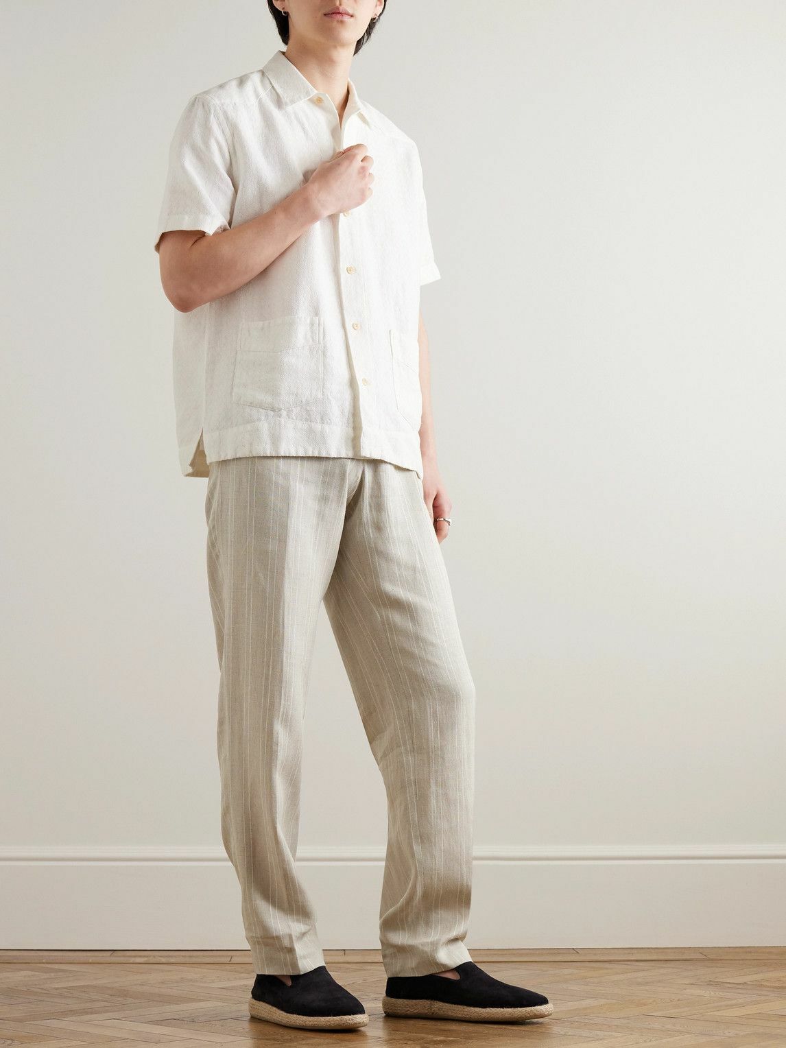 Oliver Spencer - Claremont Tapered Pleated Striped Linen Trousers - Neutrals