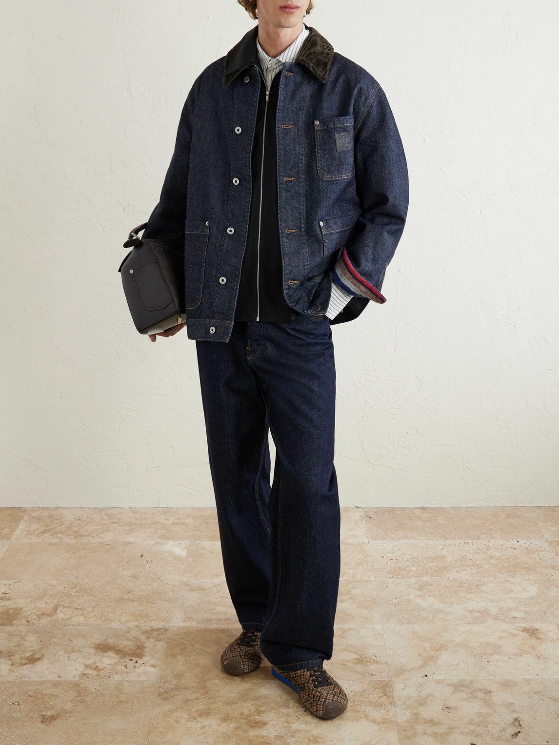 LOEWE - Logo-Appliquéd Corduroy-Trimmed Denim Barn Jacket - Blue