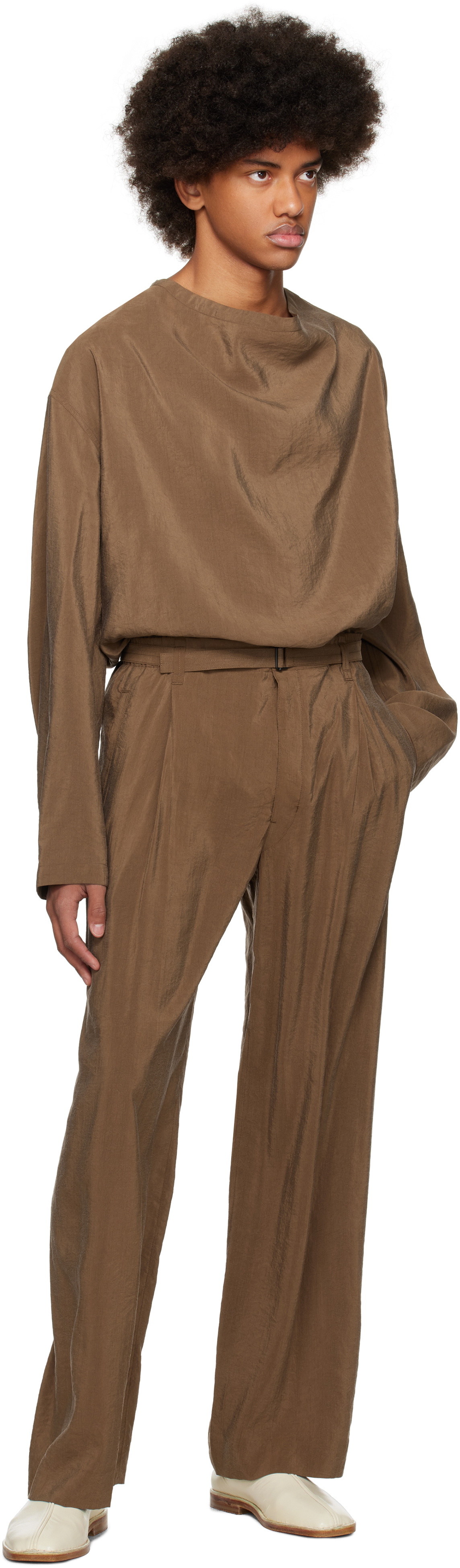 LEMAIRE ポロシャツ 半袖　BRW ブラウン MEN DOT MESH COOL ワイドスプレッドカラー 半袖ポロシャツ