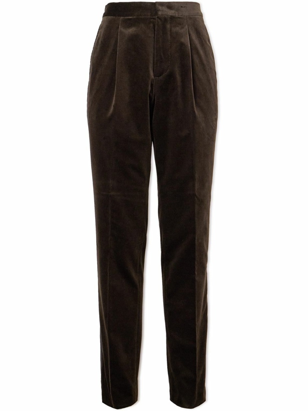 Photo: Brunello Cucinelli - Straight-Leg Pleated Satin-Trimmed Cotton-Velvet Tuxedo Trousers - Brown