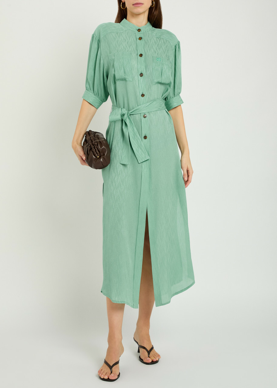 Blaze Milano Belted Silk Midi Dress Teal
