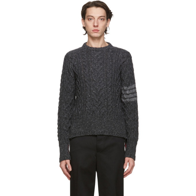Photo: Thom Browne Grey Cable Knit Crewneck Sweater