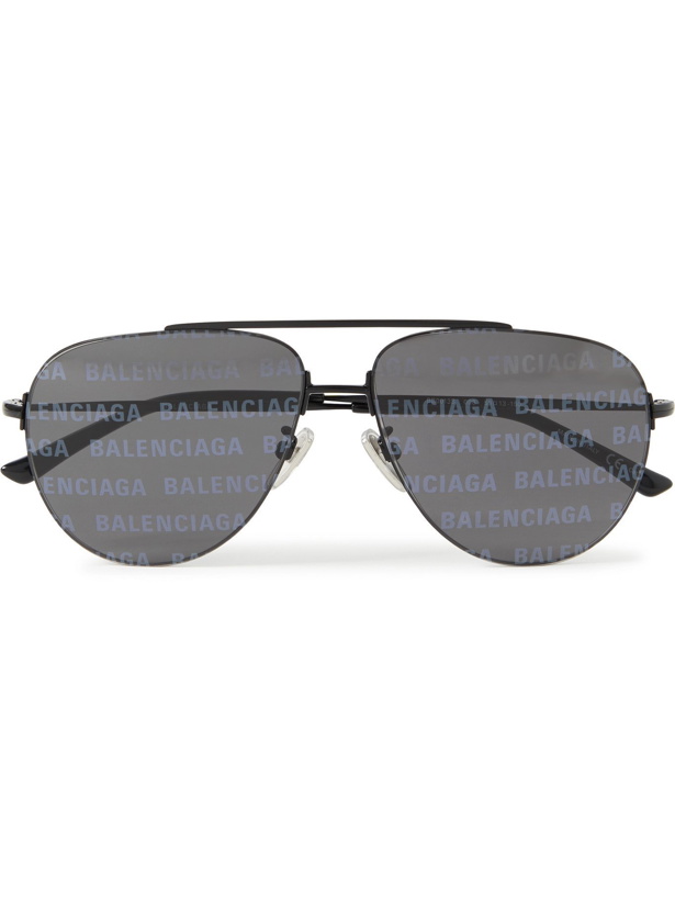 Photo: BALENCIAGA - Aviator-Style Logo-Print Silver-Tone Sunglasses - Black