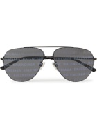 BALENCIAGA - Aviator-Style Logo-Print Silver-Tone Sunglasses - Black