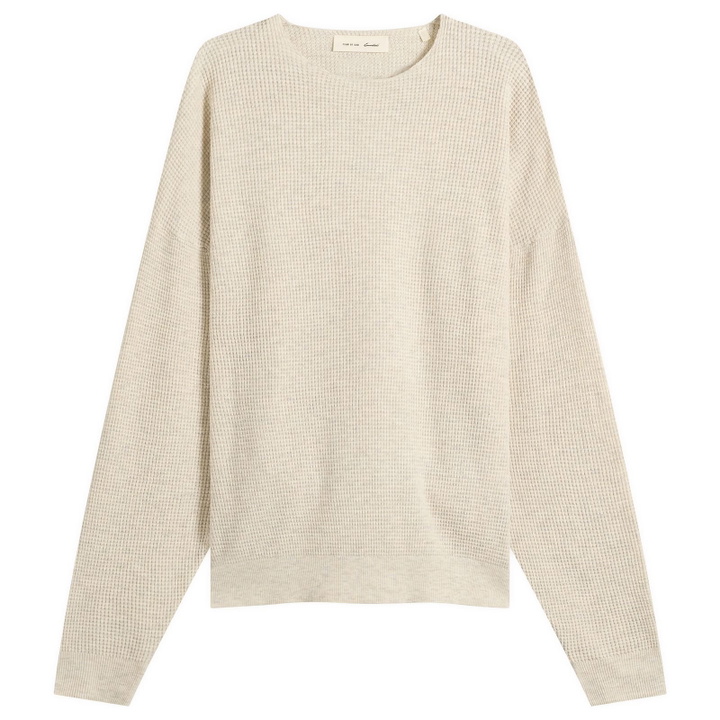 Photo: Fear of God ESSENTIALS Men's Signature Waffle 90s Crew Neck Sweats in Oatmeal Heather