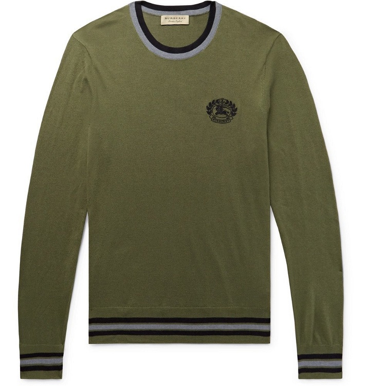 Photo: Burberry - Slim-Fit Logo-Embroidered Cotton and Silk-Blend Sweater - Men - Army green