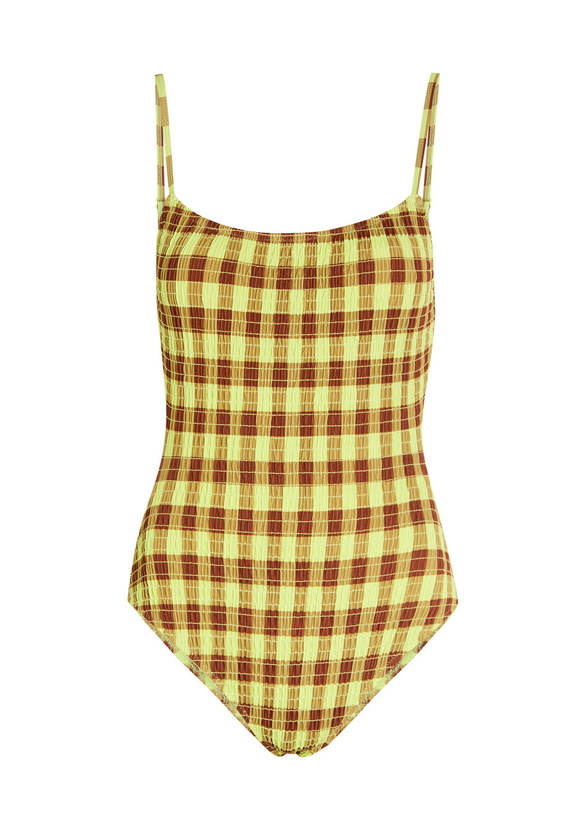 Photo: Damson Madder Lilibet Checked Smocked Swimsuit Green
