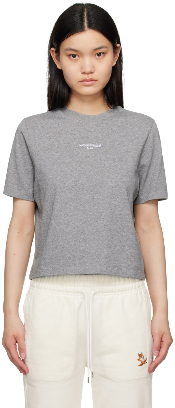 Maison Kitsuné Grey Embroidered T-Shirt Maison Kitsune