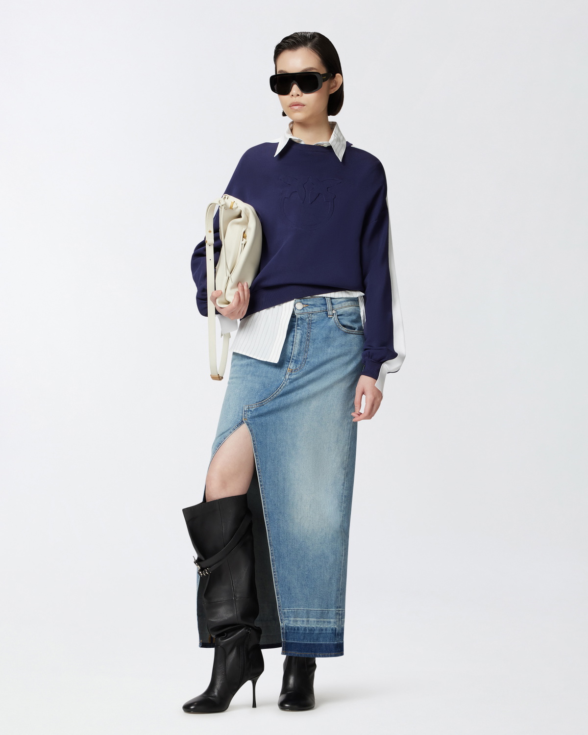 Pinko Crew Neck Sweatshirt With Wide Sleeves And Raised Logo Blue/White