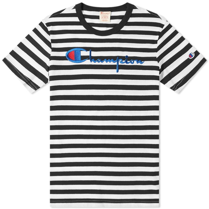 Photo: Champion Reverse Weave Stripe Script Logo Tee Black & White
