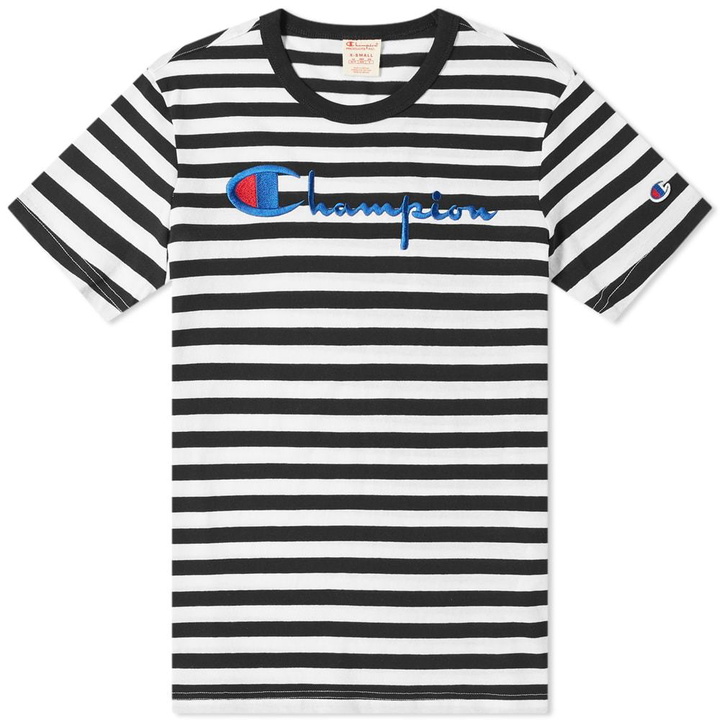 Photo: Champion Reverse Weave Stripe Script Logo Tee Black & White