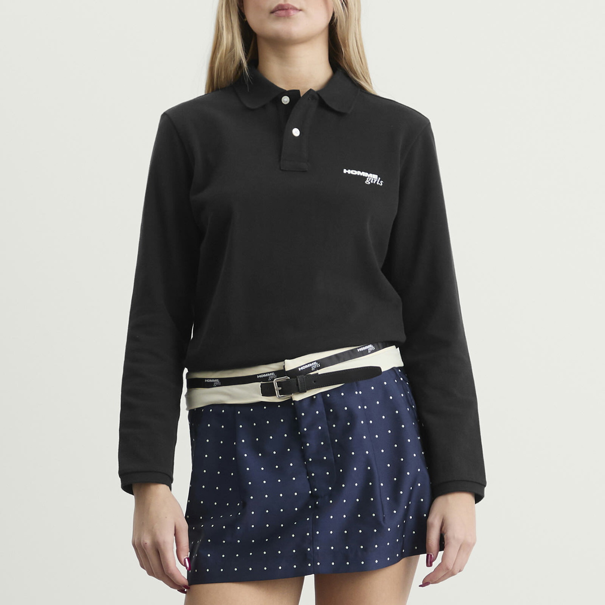 Hommegirls Women's Flip Waist Belt Mini Skirt in Navy Polka Dot