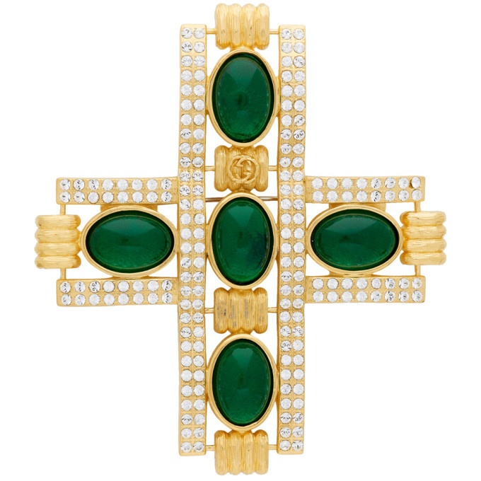 Photo: Gucci Gold and Green Cabochon Stone Cross Brooch