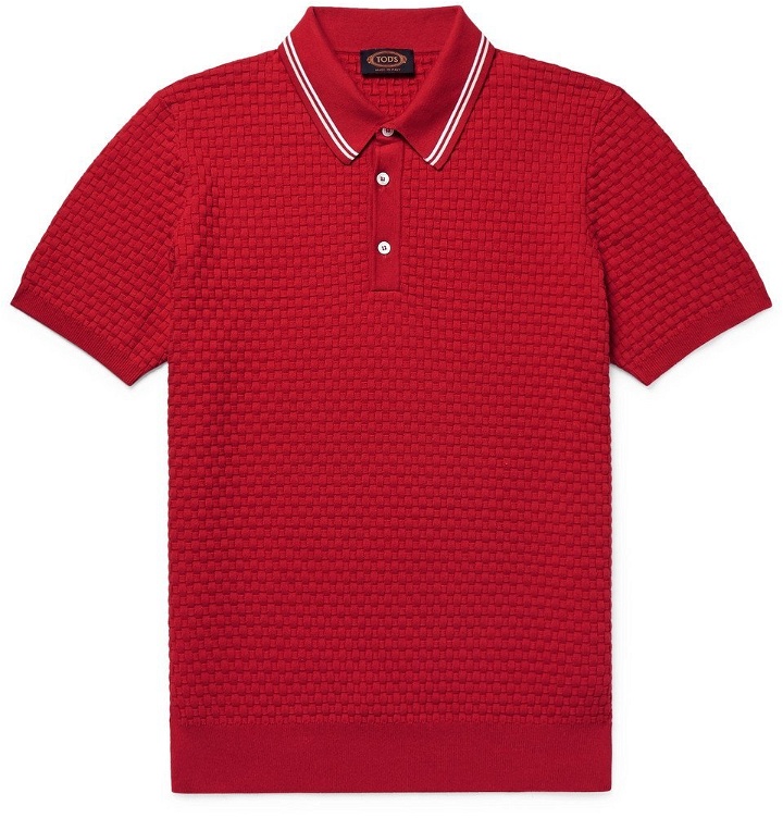 Photo: Tod's - Slim-Fit Contrast-Tipped Basketweave Stretch-Cotton Polo Shirt - Men - Red