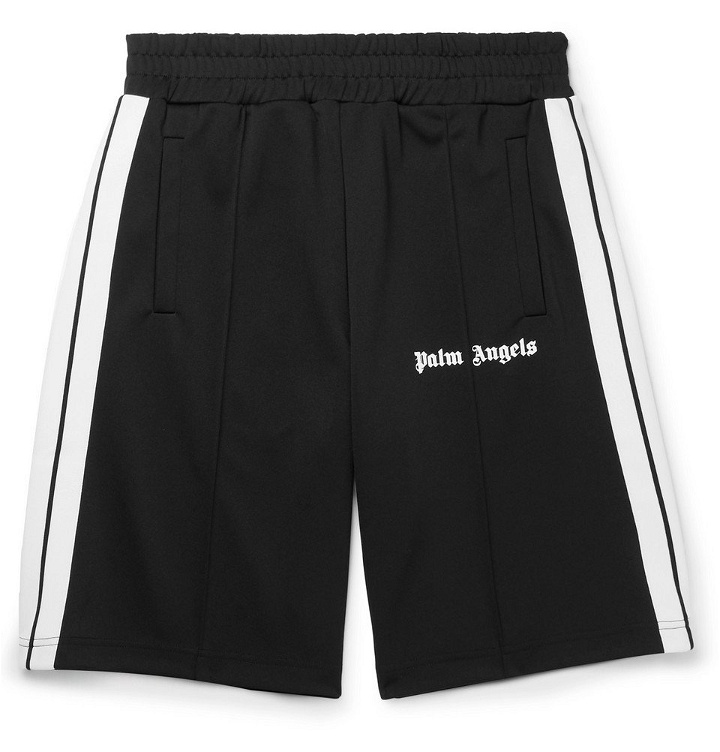 Photo: Palm Angels - Wide-Leg Webbing-Trimmed Logo-Print Jersey Shorts - Men - Black