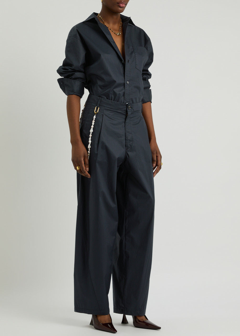 Darkpark Phebe Pearl-embellished Cotton-poplin Trousers Navy