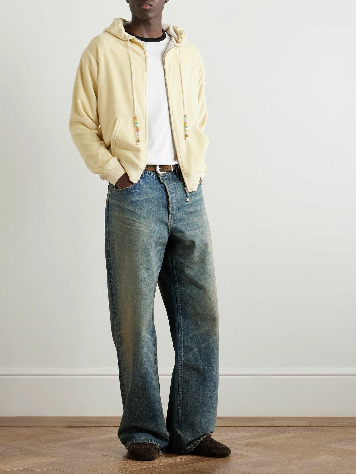 CELINE - Logo-Embroidered Cotton-Blend Velour Zip-Up Hoodie - Yellow