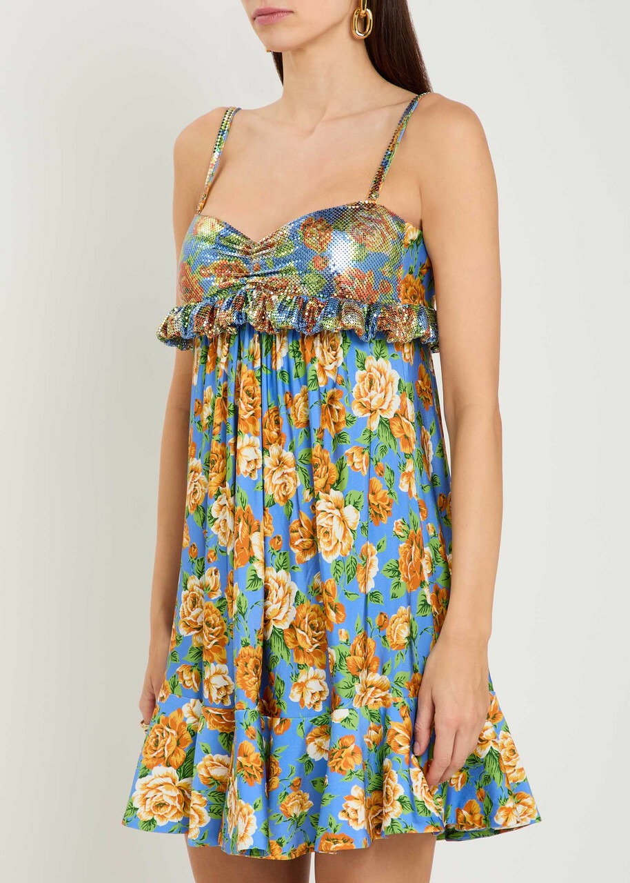 Rabanne Floral-print Chainmail and Jersey Mini Dress Multicoloured