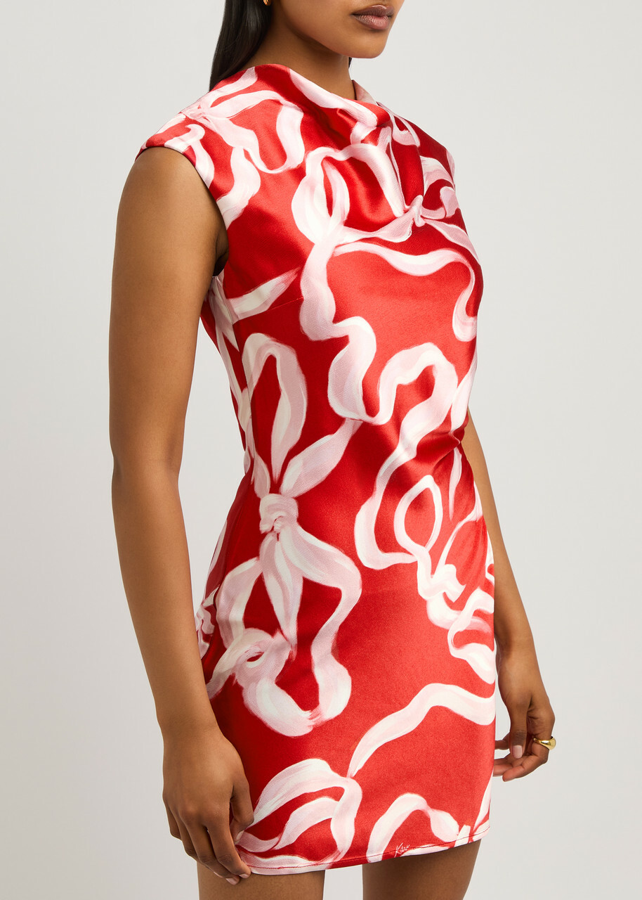 Kitri Hessa Printed Gathered Satin Mini Dress Red