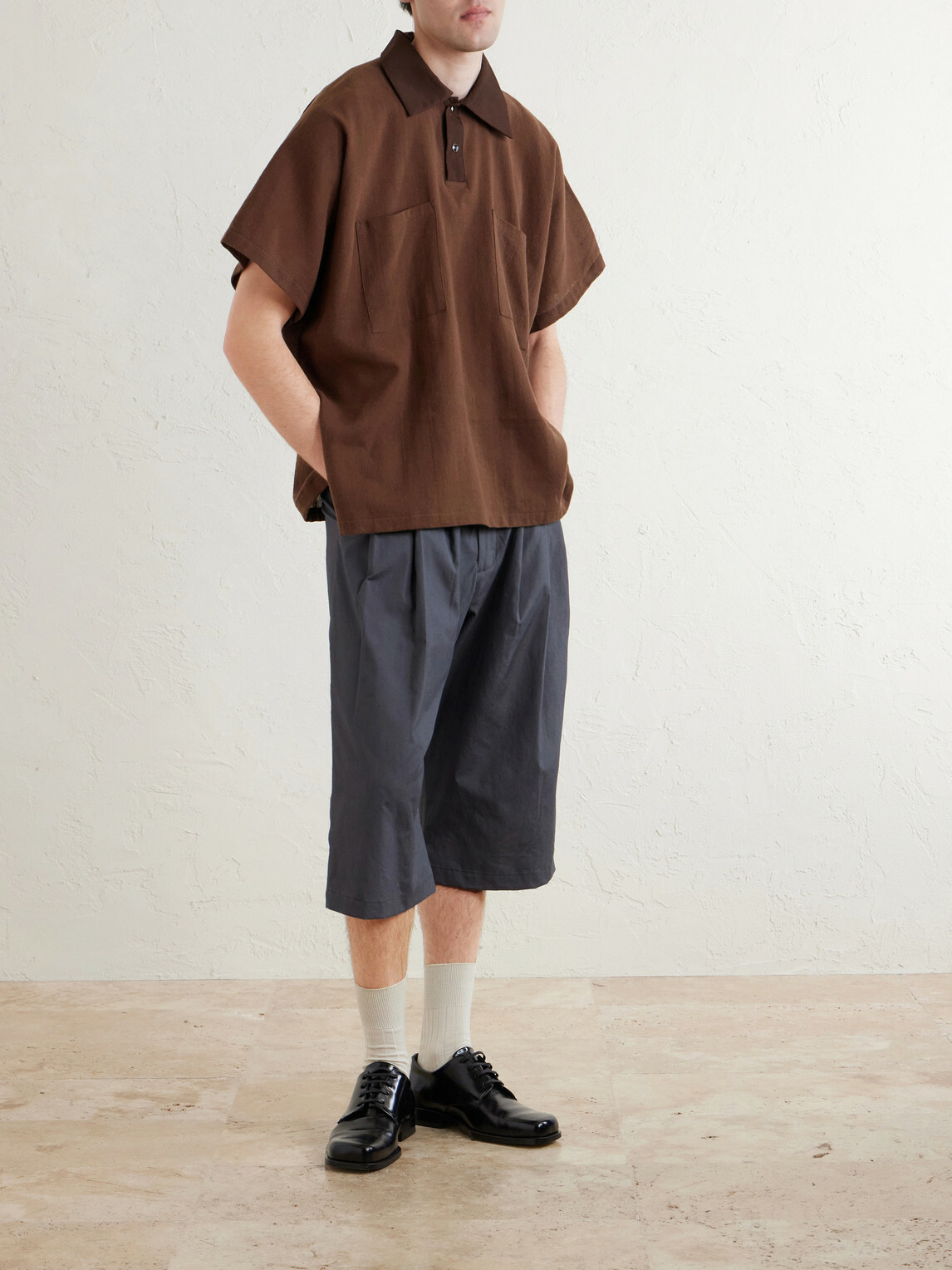 Monitaly - Wide-Leg Pleated Cotton Shorts - Gray