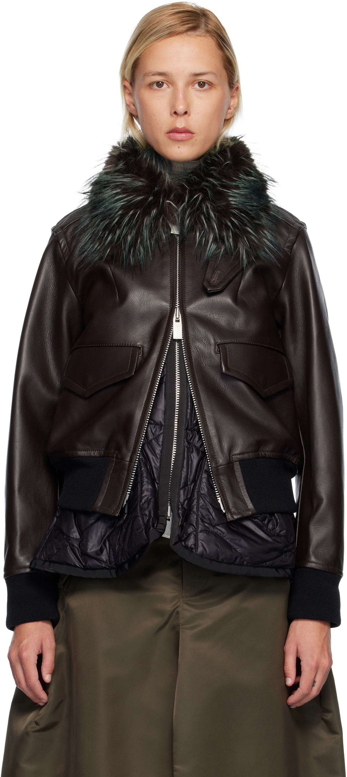 sacai Brown Leather Blouson Jacket
