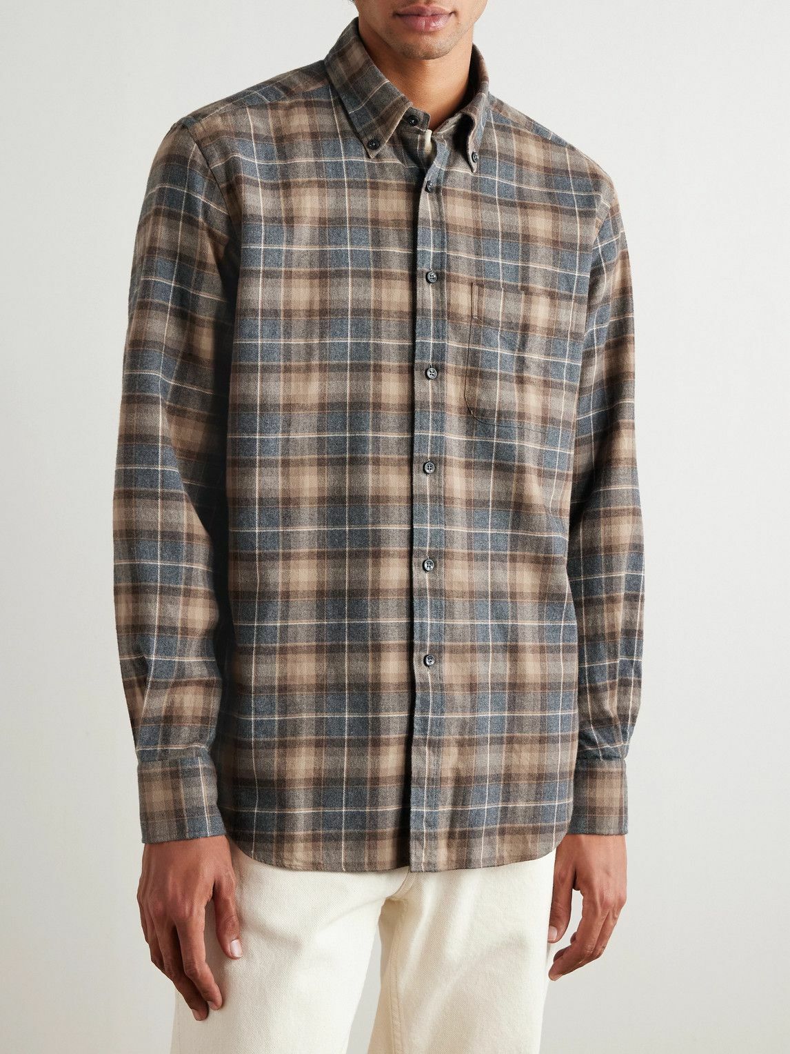 Incotex - Button-Down Collar Checked Cotton-Flannel Shirt - Blue