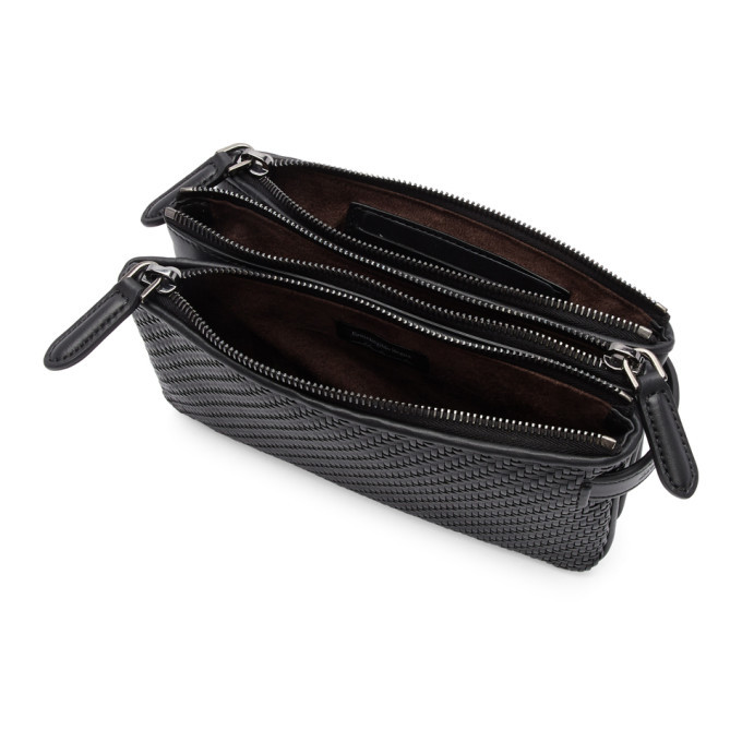 Ermenegildo Zegna Black Pelle Tessuta Three Zip Pouch Ermenegildo