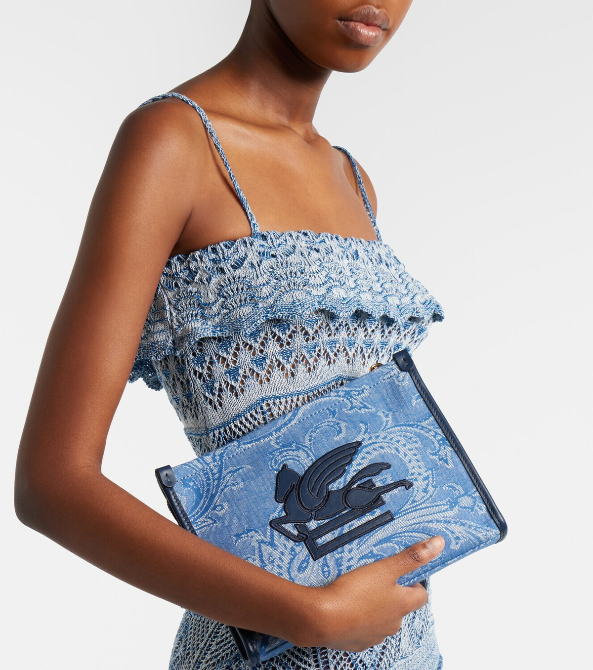 Etro Eyes Mini embroidered denim jacquard pouch