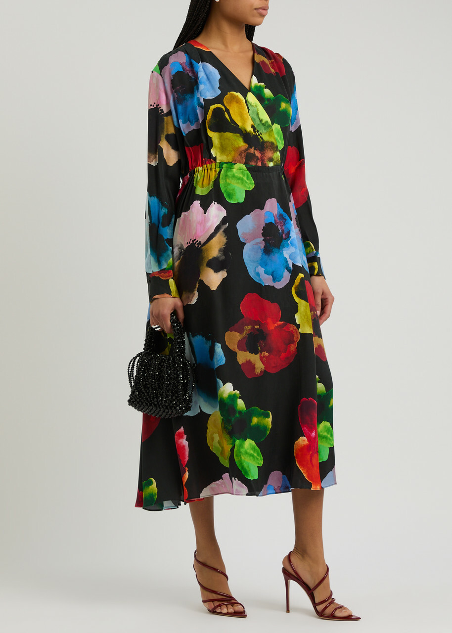 Stine Goya Floral-print Wrap-effect Matte Satin Midi Dress Multicoloured 1  Stine Goya