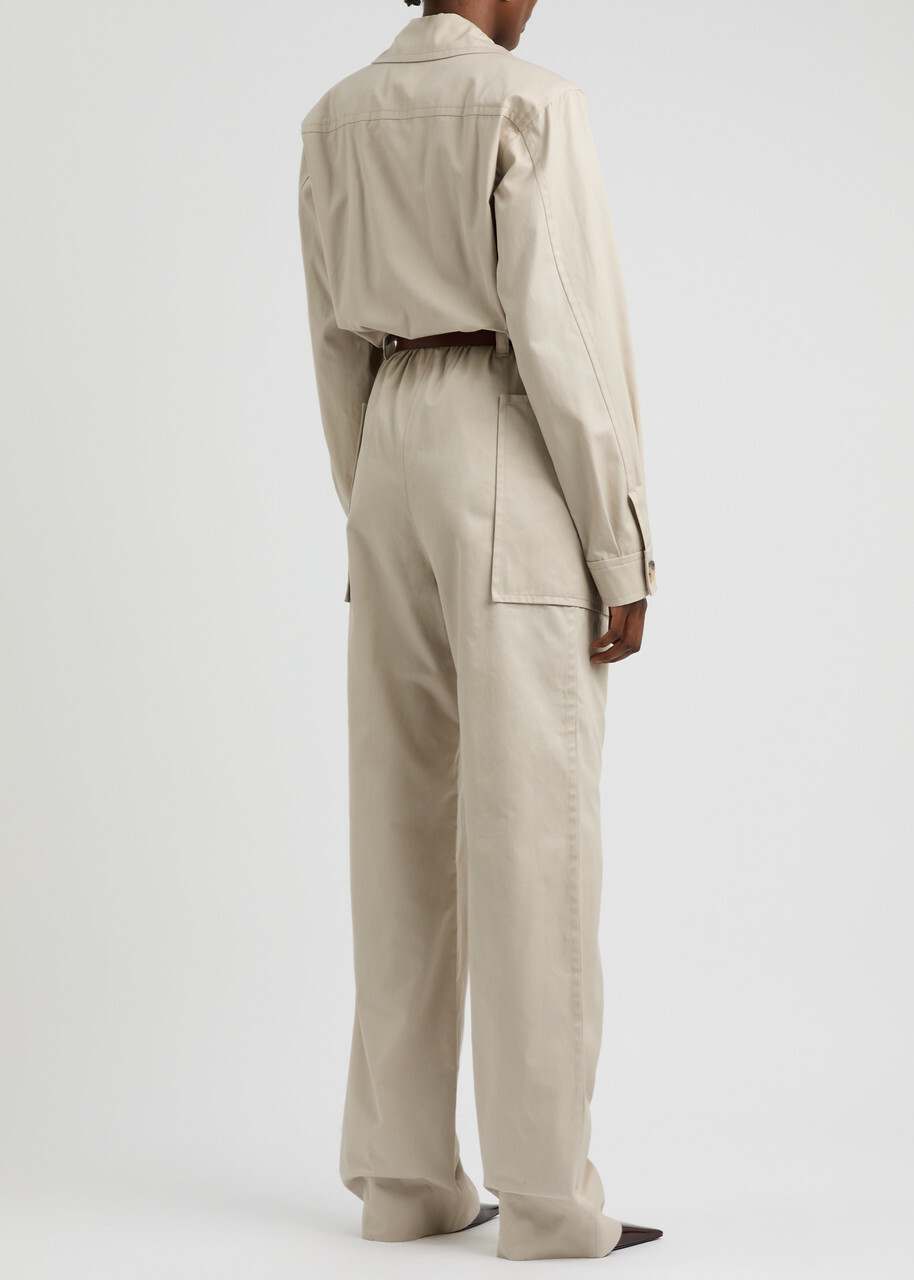 Saint Laurent Belted Cotton Jumpsuit Beige