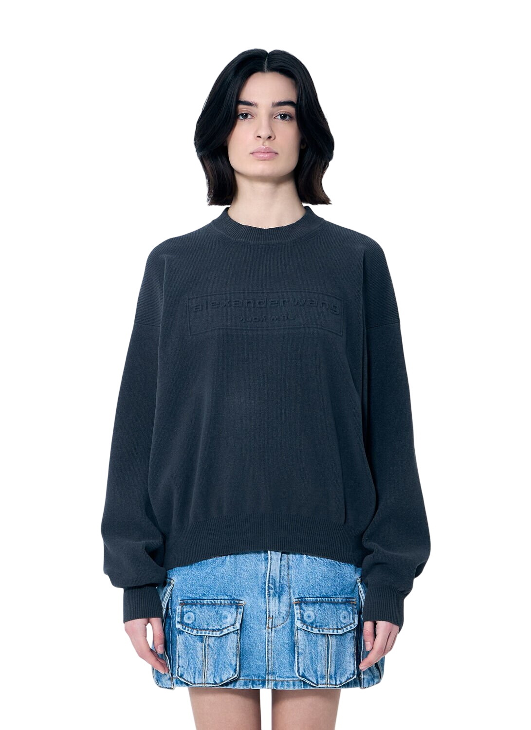 ■alexander wang beiress ウール クルーネックセーター■ crewneck pullover in stretch wool cotton in DARK GREY MELANGE