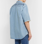 Balenciaga - Button-Down Collar Distressed Logo-Print Denim Shirt - Blue