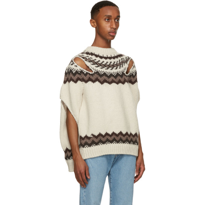 Stefan Cooke Off-White and Brown Wool Slashed Sweater Stefan Cooke