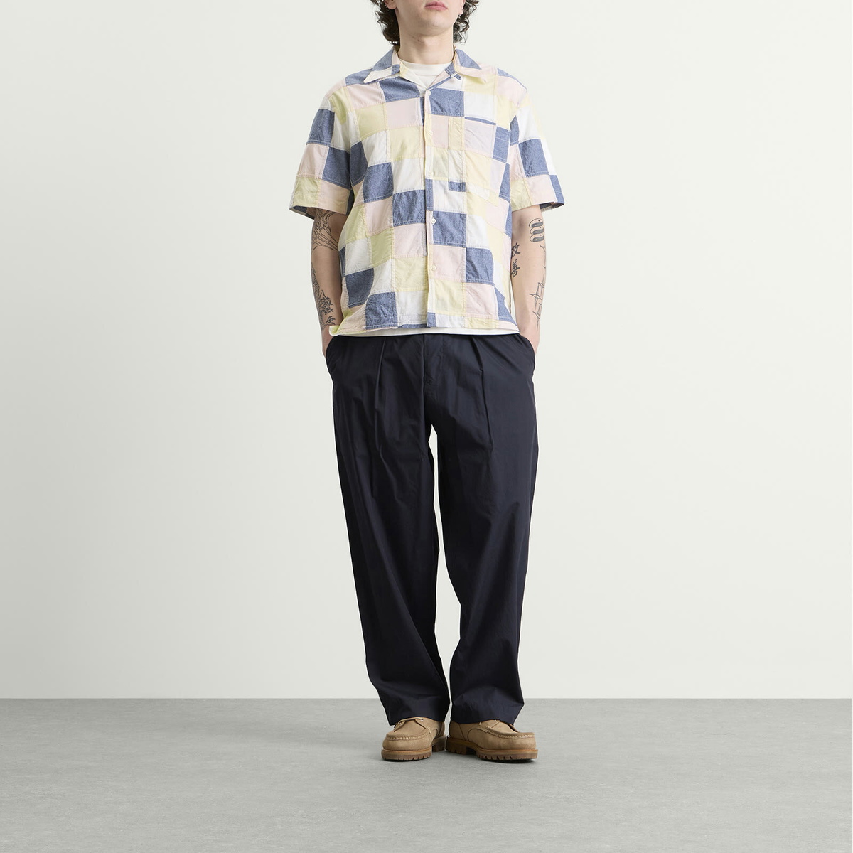 Universal Works Men's Patchwork Check Road Shirt in Pastel Check