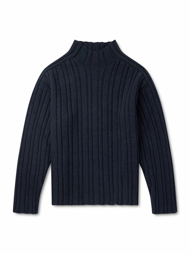Photo: The Row - Danes Ribbed Wool Mock-Neck Sweater - Blue