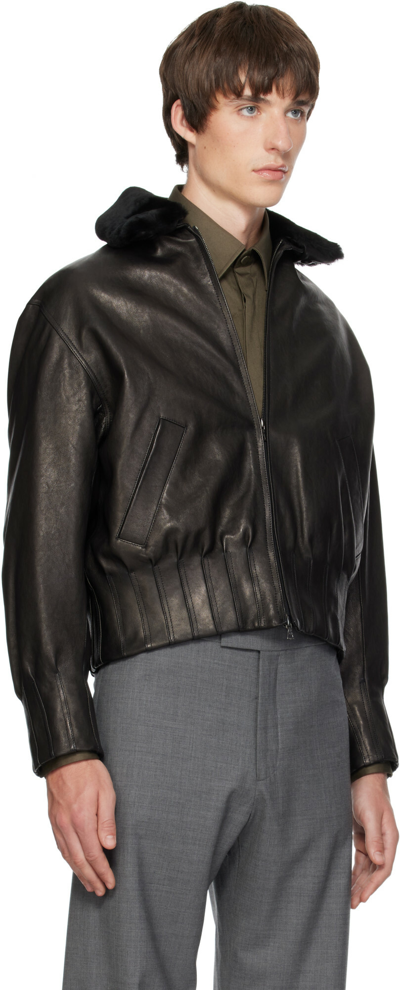 AARON ESH Black Shearling Collar Leather Bomber