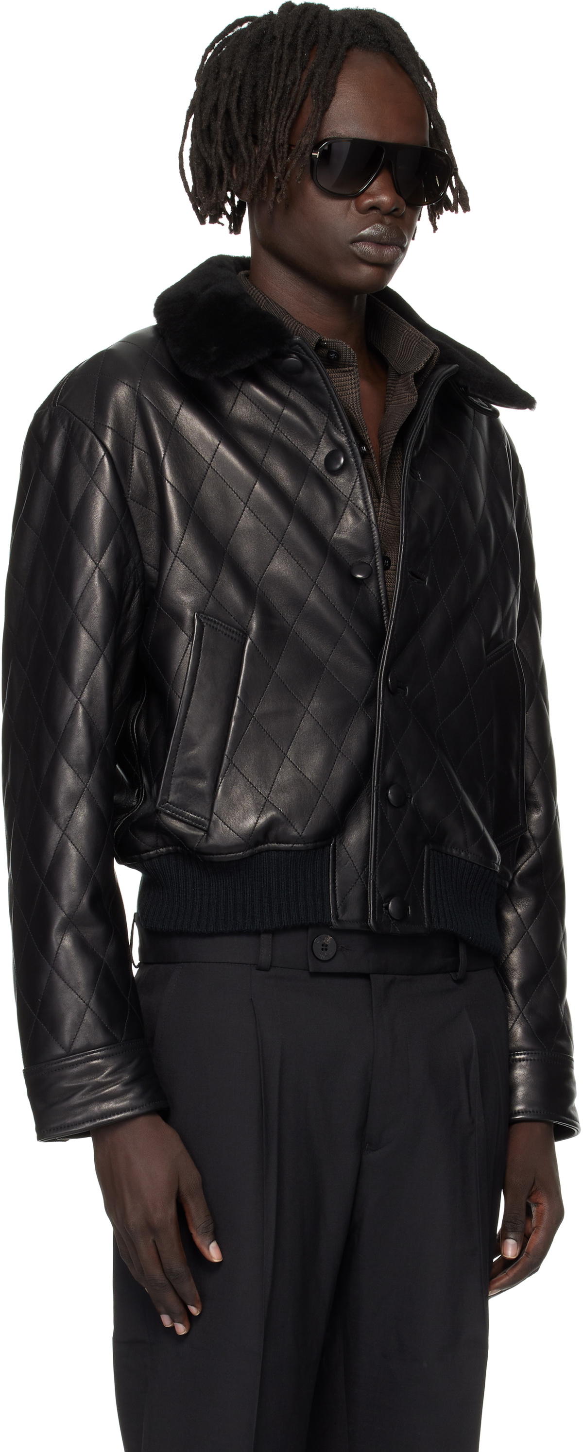 Ernest W. Baker Black Quilted Leather Bomber Jacket