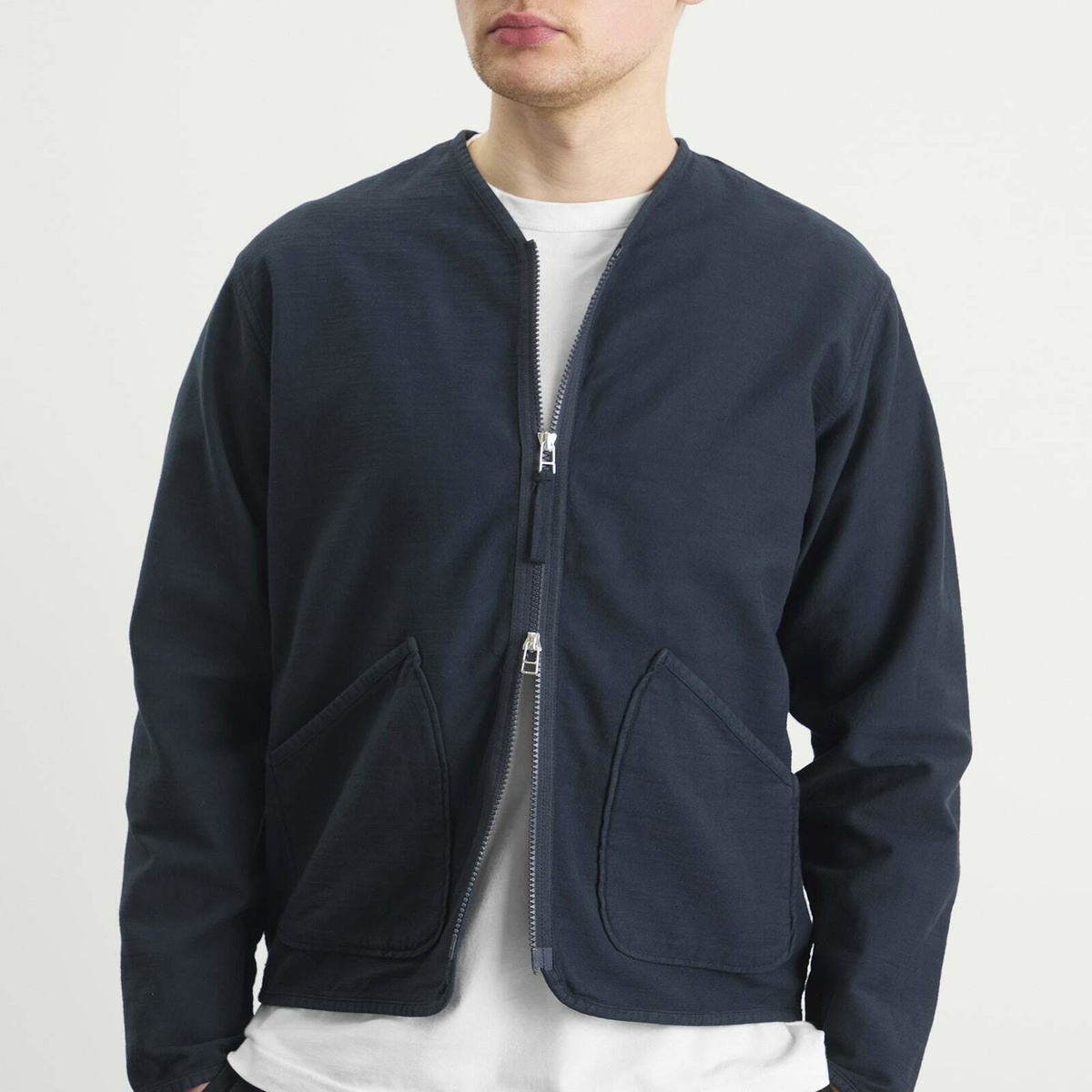 Universal Works Men's Slub Sateen Zip Liner Jacket in Navy