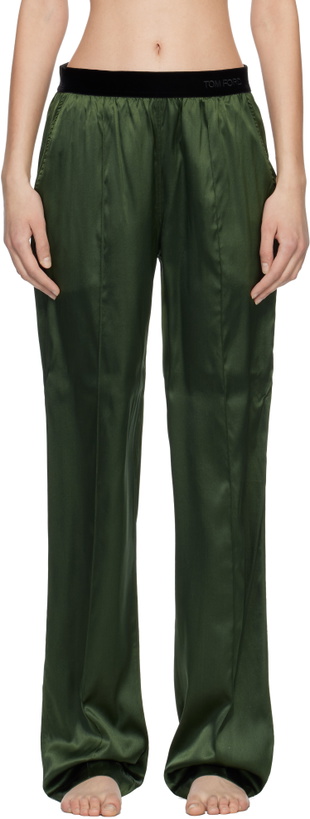 Photo: TOM FORD Khaki Stretch Silk Satin PJ Lounge Pants