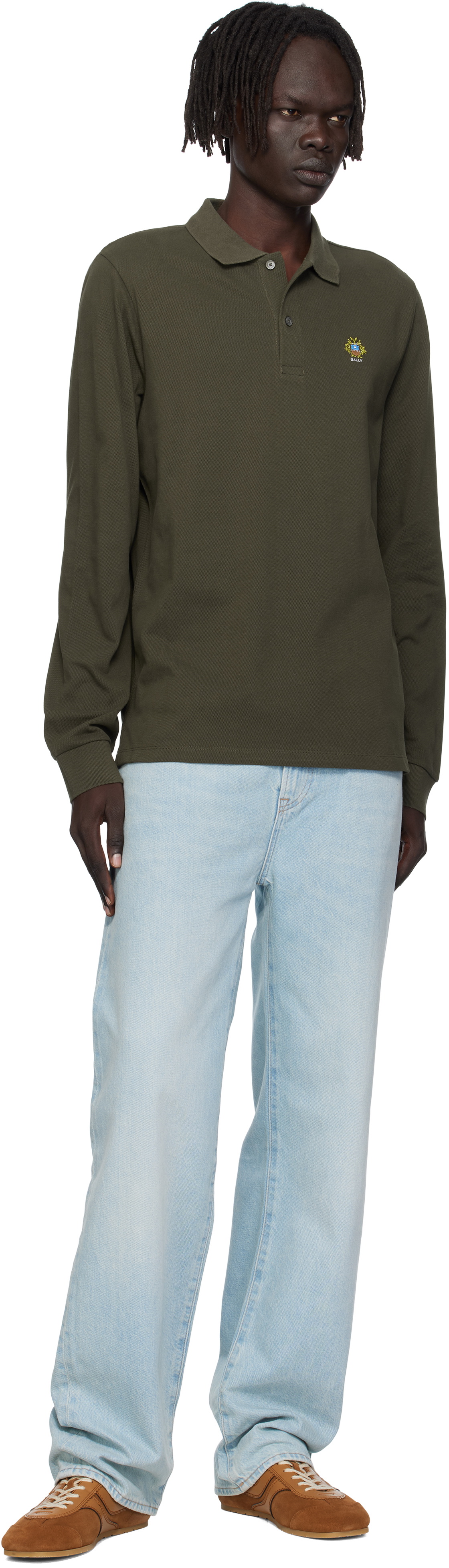 Bally Khaki Long Sleeve Crest Logo Polo