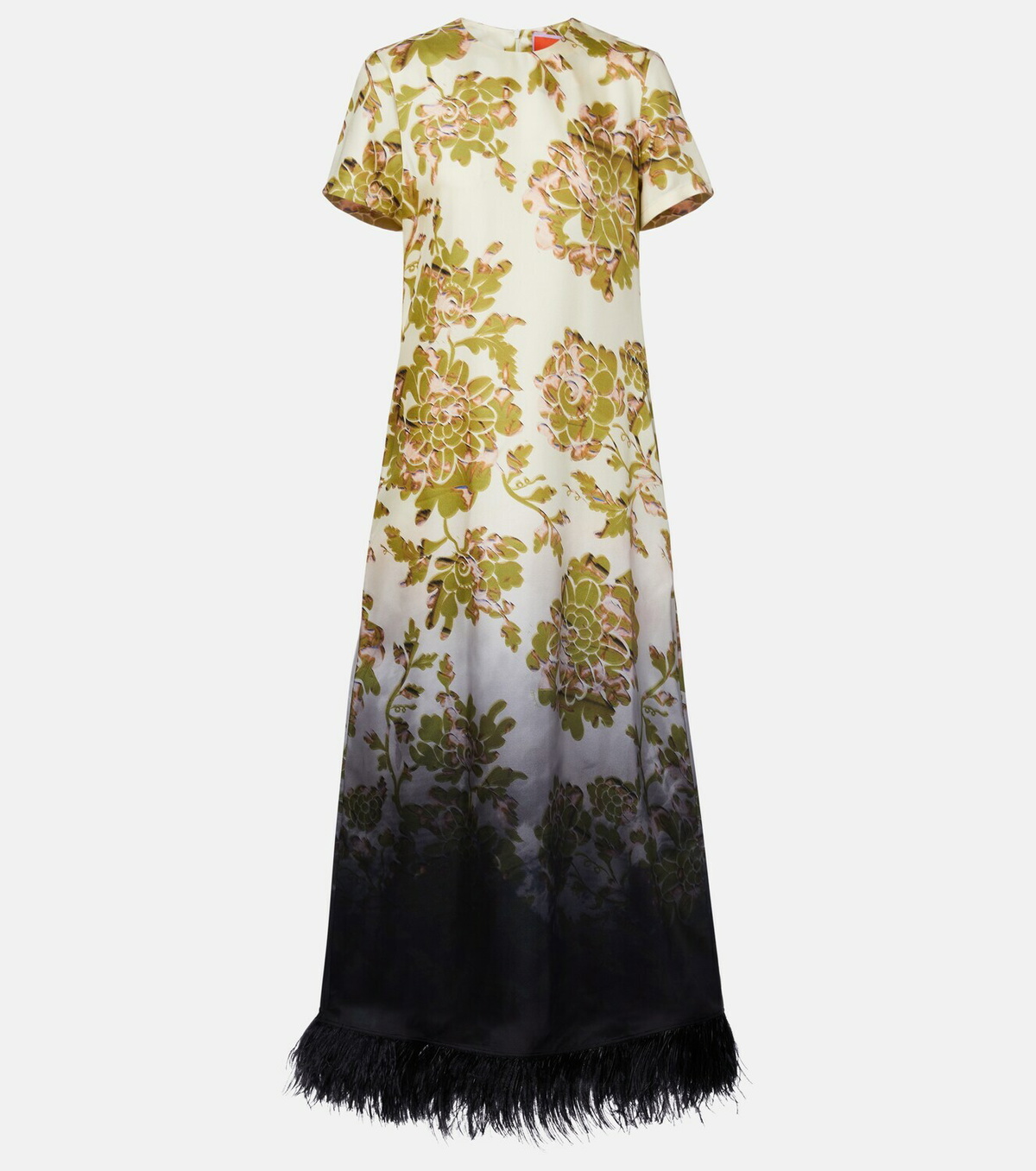 La DoubleJ Swing feather-trimmed floral silk twill maxi dress