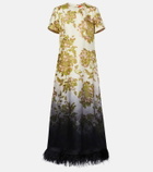 La DoubleJ Swing feather-trimmed floral silk twill maxi dress