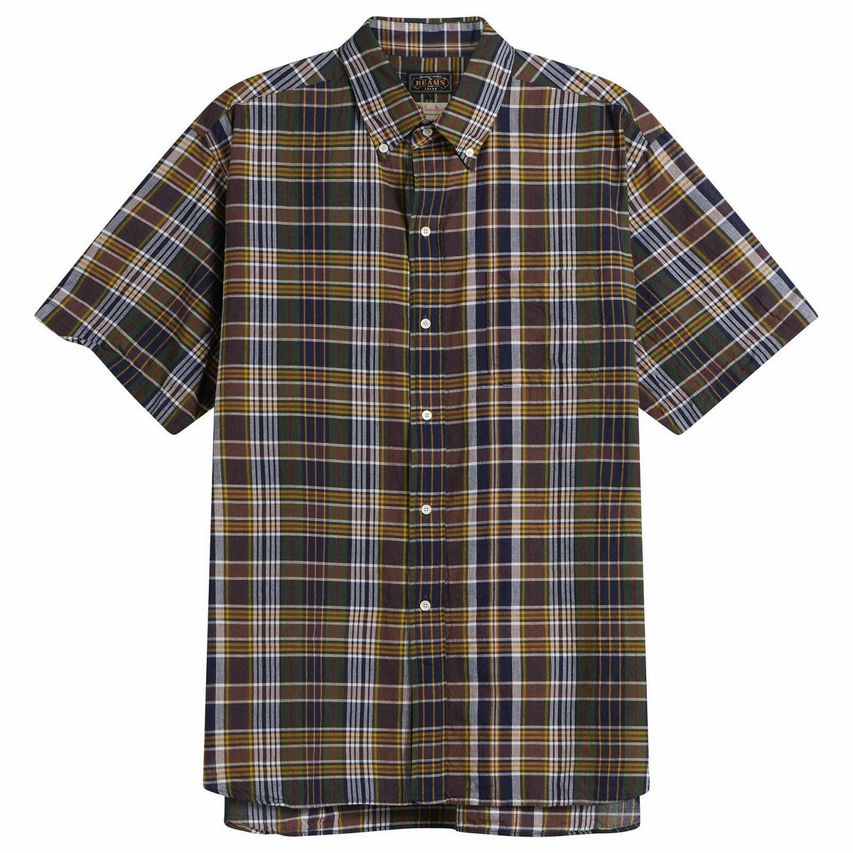 Beams Plus Men's Short Sleeve Button Down Madras Shirt in Brown