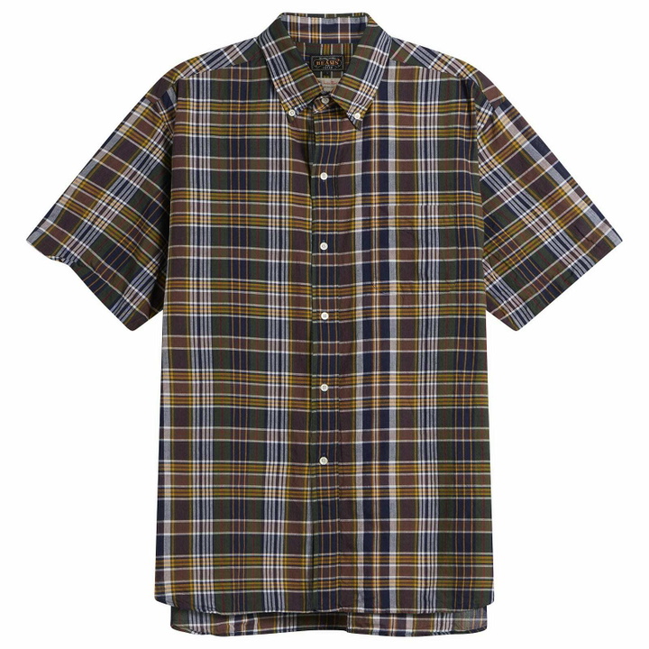 Photo: Beams Plus Men's Short Sleeve Button Down Madras Shirt in Brown