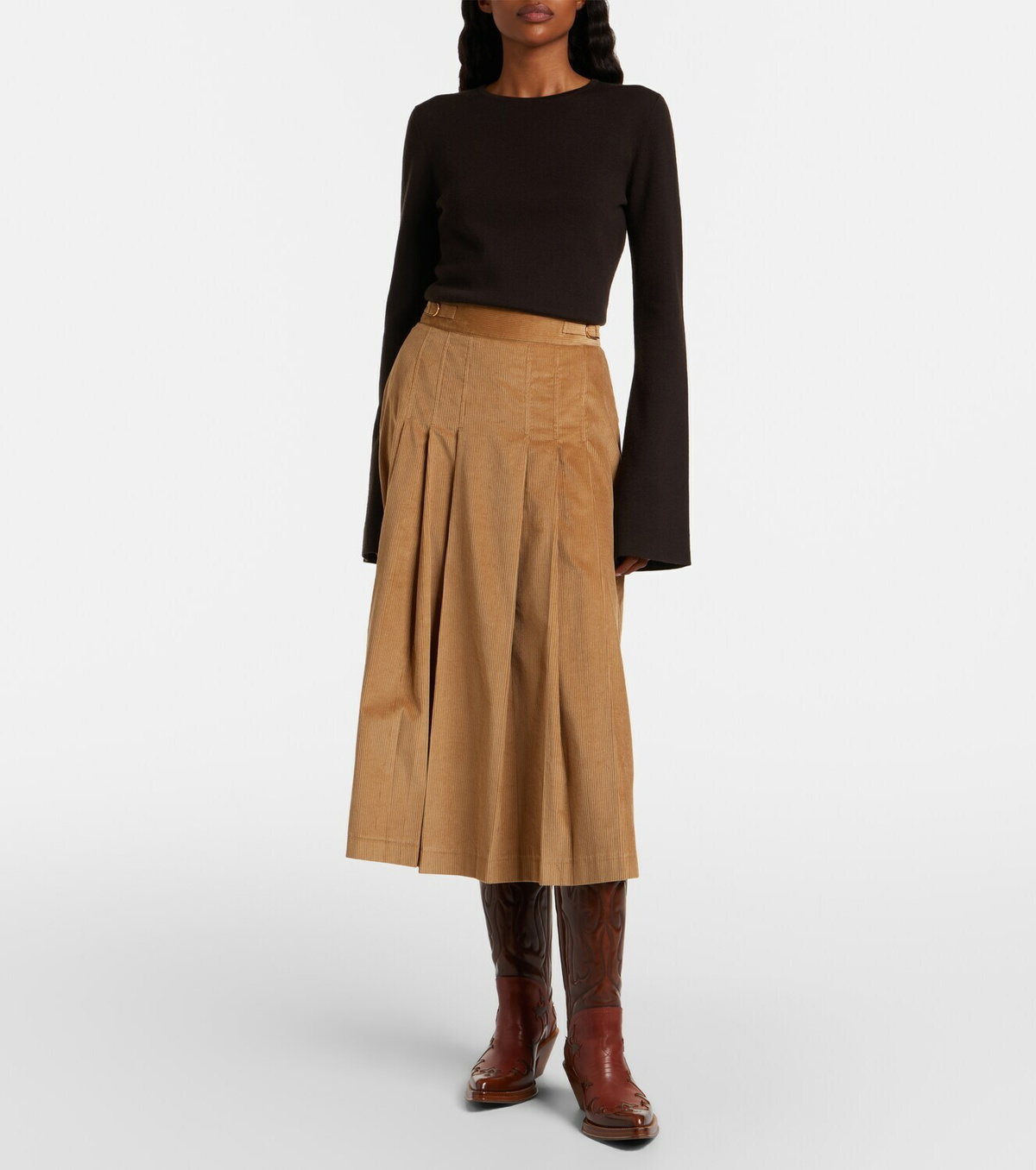 Gabriela Hearst Wesley pleated cotton corduroy midi skirt