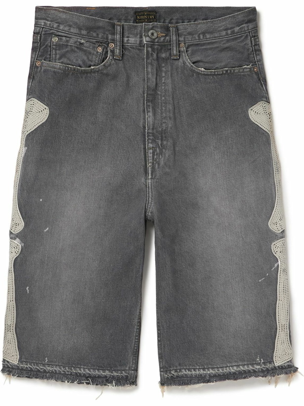 Photo: KAPITAL - Wide-Leg Appliquéd Distressed Denim Shorts - Gray