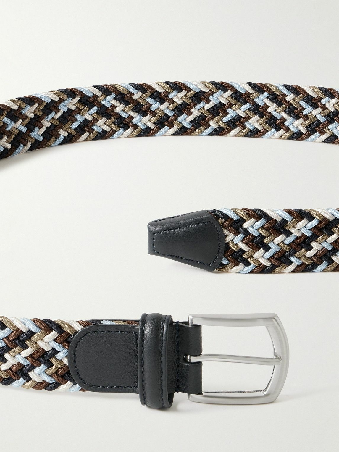 Anderson's - 3.5cm Leather-Trimmed Woven Elastic Belt - Blue Anderson's