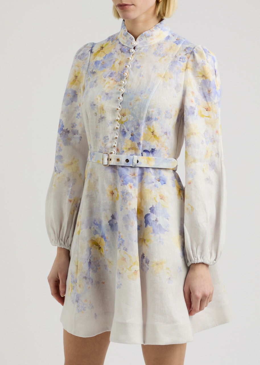 Zimmermann Crush Floral-print Belted Linen Mini Dress Multi