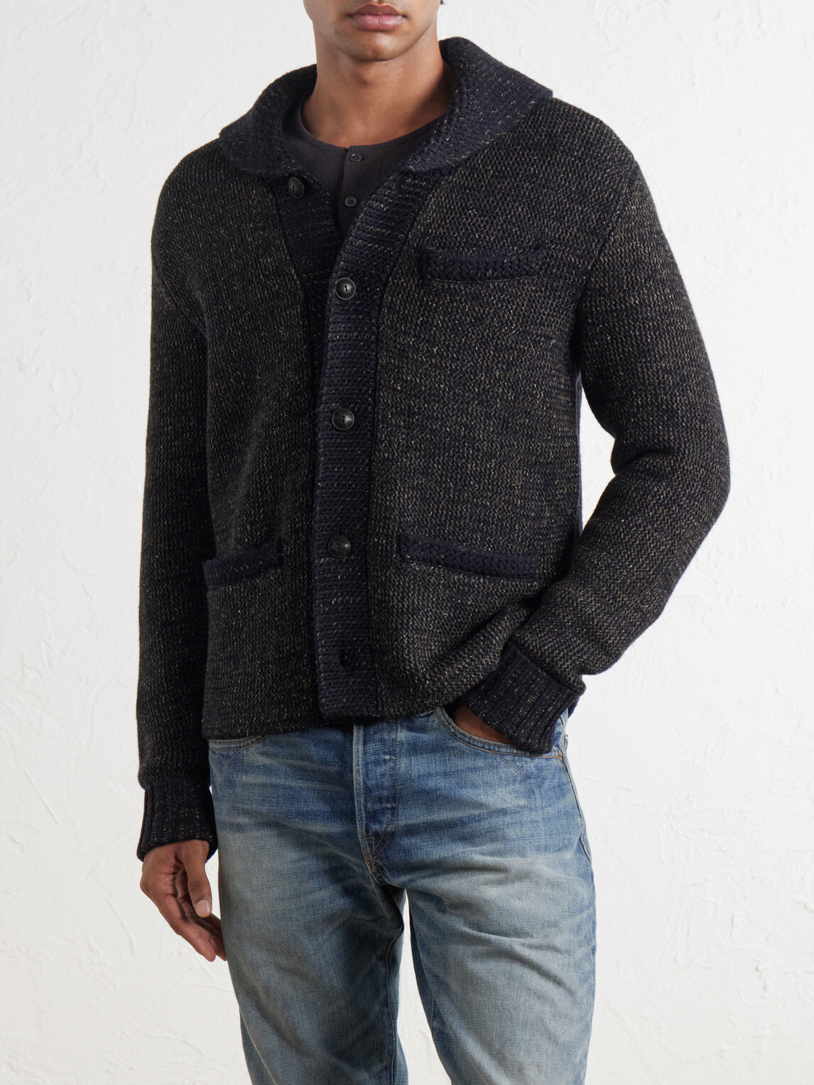 RRL - Shawl-Collar Mélange Wool, Cotton and Silk-Blend Cardigan - Blue