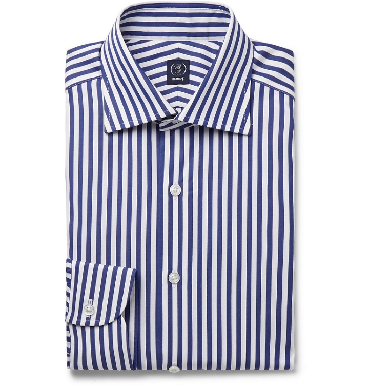 Photo: Beams F - Navy Cutaway-Collar Striped Cotton-Poplin Shirt - Blue